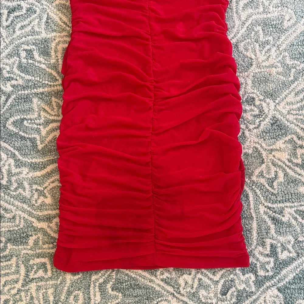 Fitted Red Ruched Mini Dress - Picture 10 of 15